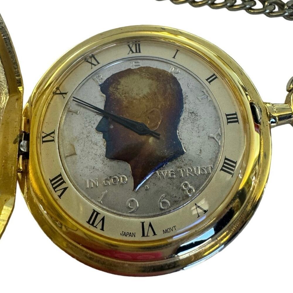 JFK 1968 Half Dollar Pocket Watch with Chain - Picture 2 of 8